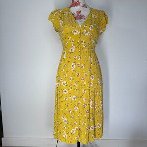 Urban Romantics Yellow Floral Midi Dress Size Small Cottagecore Button Closure